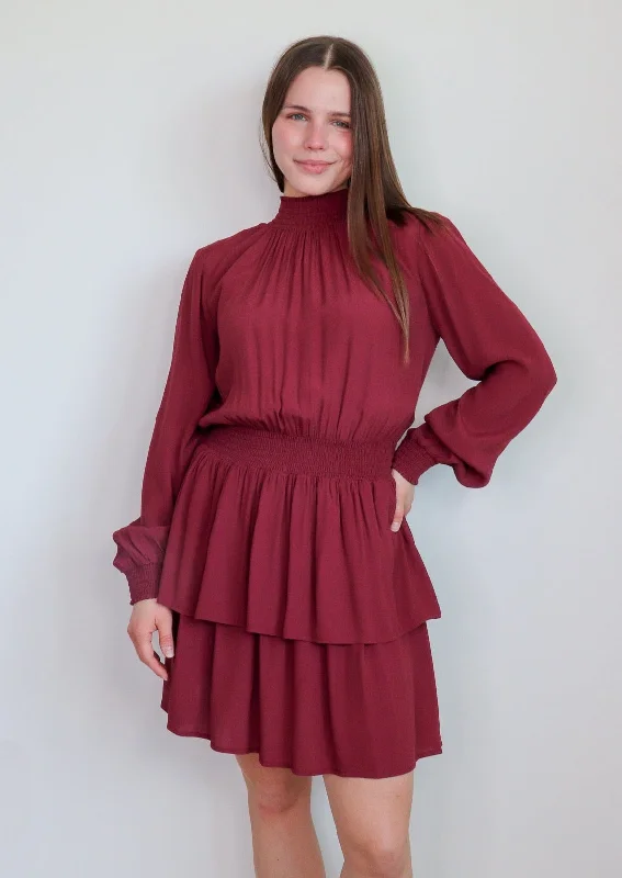 High Neck Smocked Dress—Wine **FINAL SALE**