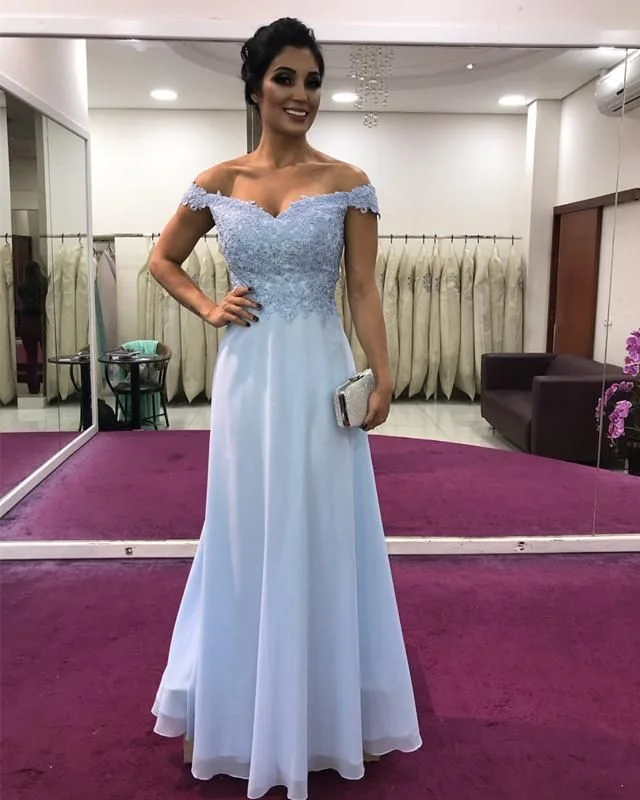 Light Sky Blue Off-the-Shoulder Sweetheart Chiffon A-Line Prom Dress, PD23060112