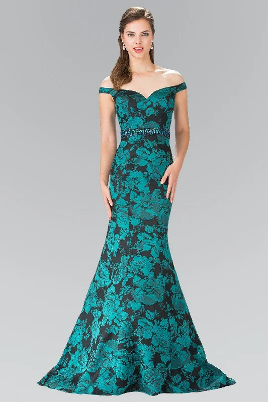 Long Green Floral Print Off The Shoulder Dress by Elizabeth K GL2245