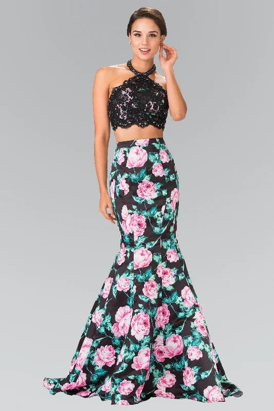 Long Two-Piece Floral Print Halter Dress by Elizabeth K GL2259