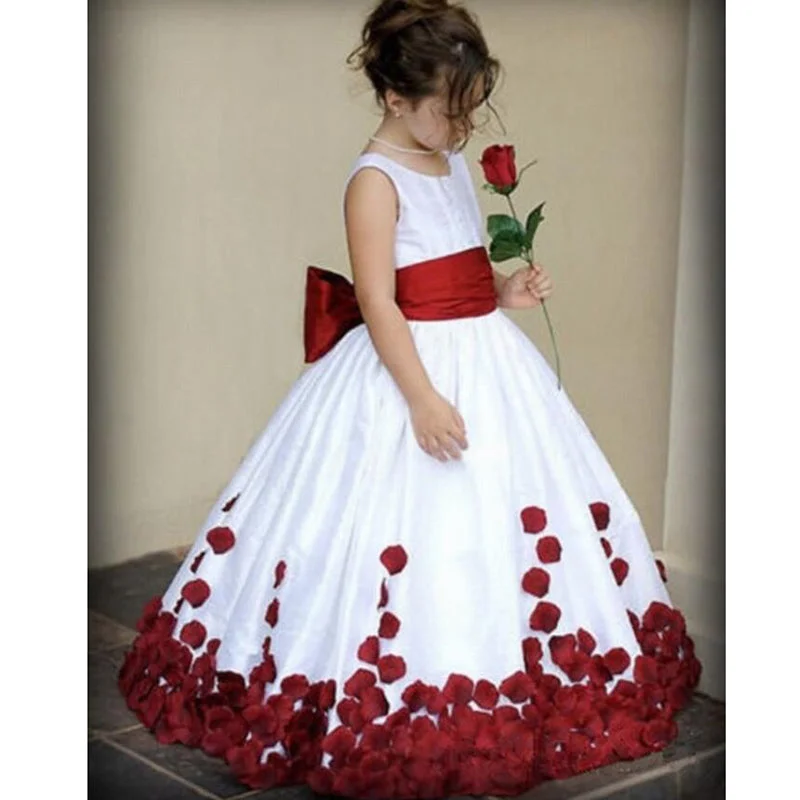 LP2365 O Neck White Flower Girl Dress with Red Petal First Communion Gown little Girl Evening Dress