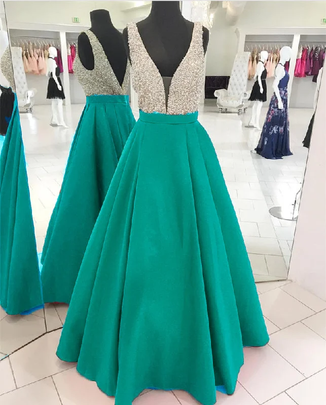 LP3358 Gorgeous Turquiose A Line Satin Senior Prom Dress 2018  Deep V neck Formal evening Gown