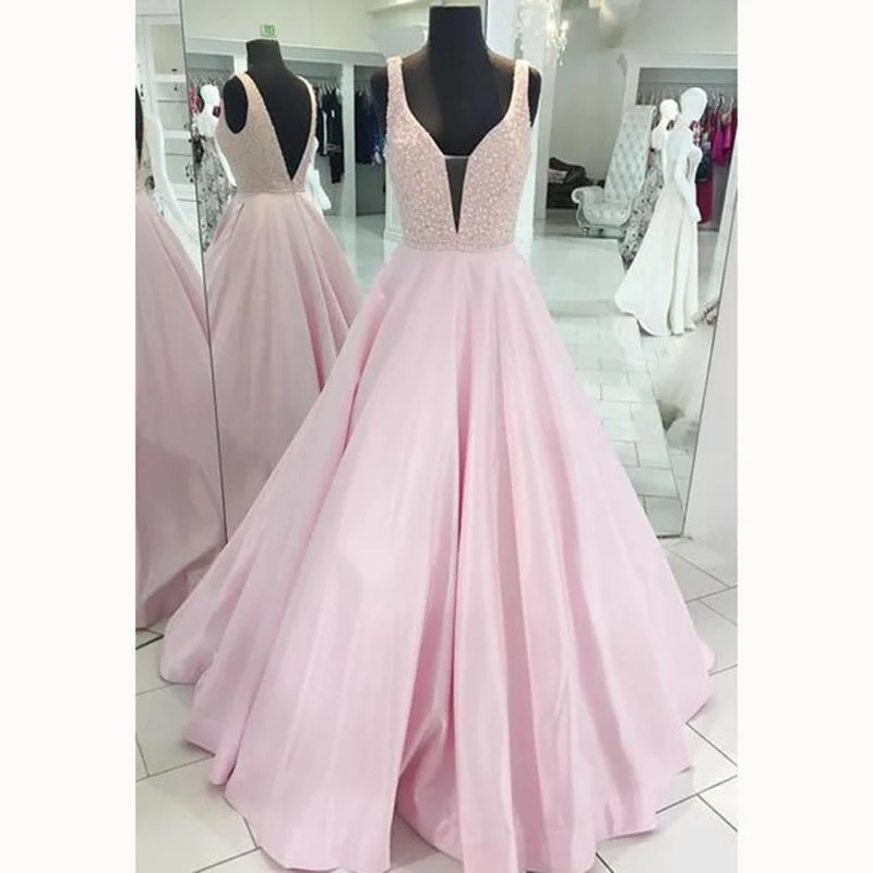 LP3381 A Line Senior Pink Prom Dress 2018 Plunge V neckline Beading Pageant Dress Girls