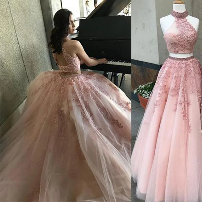 LP5525 Halter High Neck Top Blush Pink Prom Dresses Two Pieces Crop Top Evening Gown Girls Formal Gown 2018