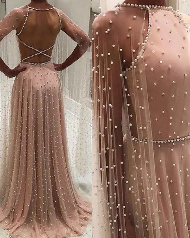 Luxury Arabic Style Women Pink Evening Dress with Pearl Cape Formal Prom Gowns PL08015