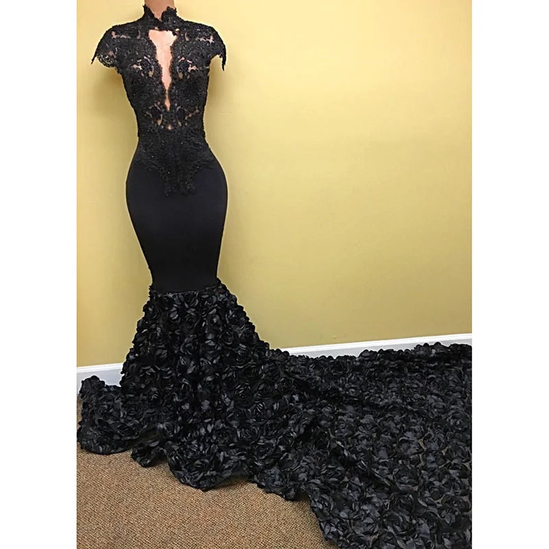 Luxury Black Flowers Rose Mermaid African Women Evening Dresses Prom Gown 2018 vestido de noche