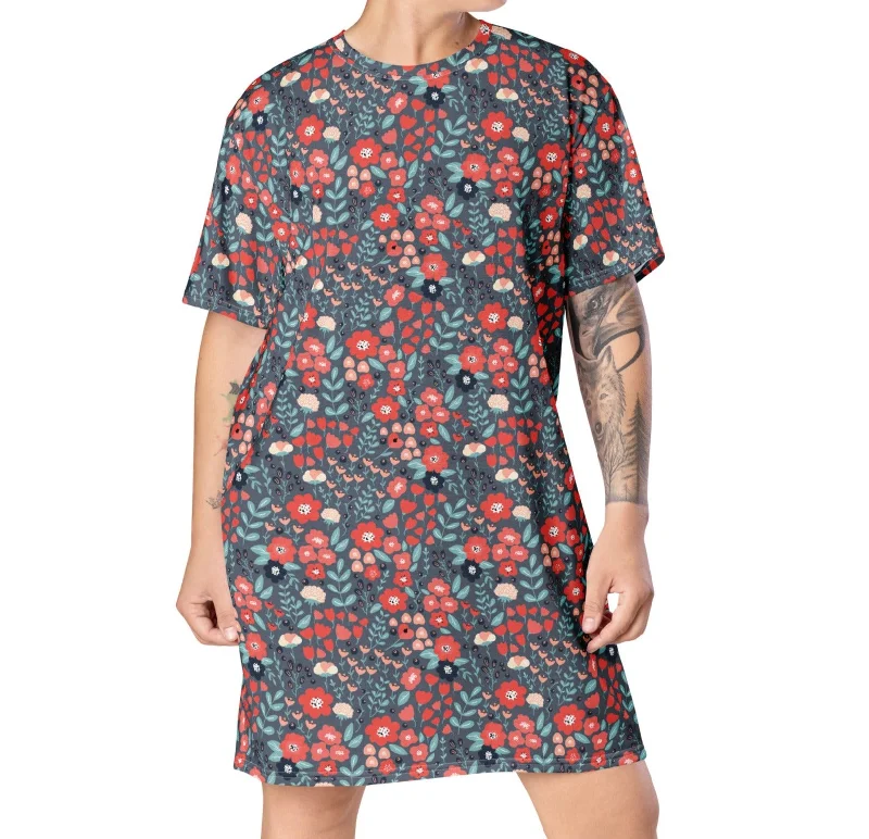 Slate Blue & Coral Floral T-Shirt Dress