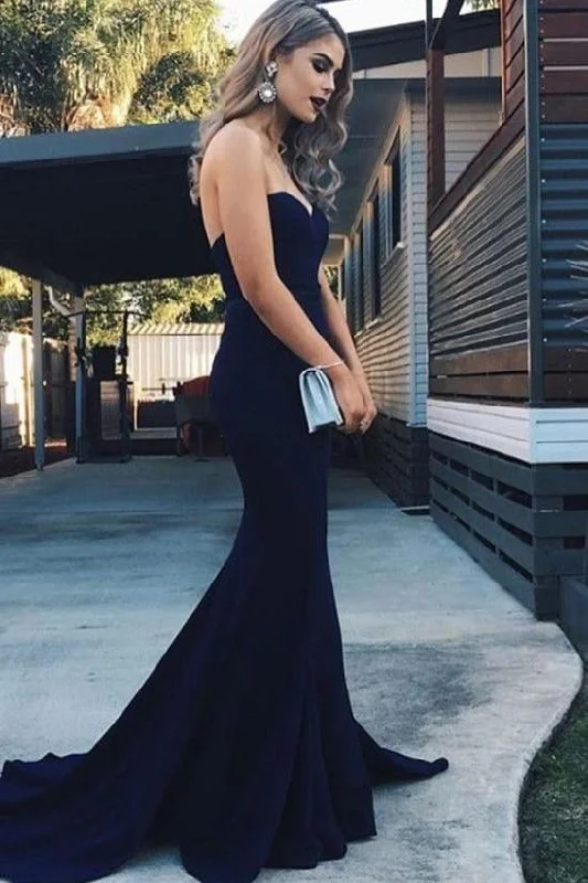 Navy Satin Mermaid Sweetheart Prom Dress, PD23030814