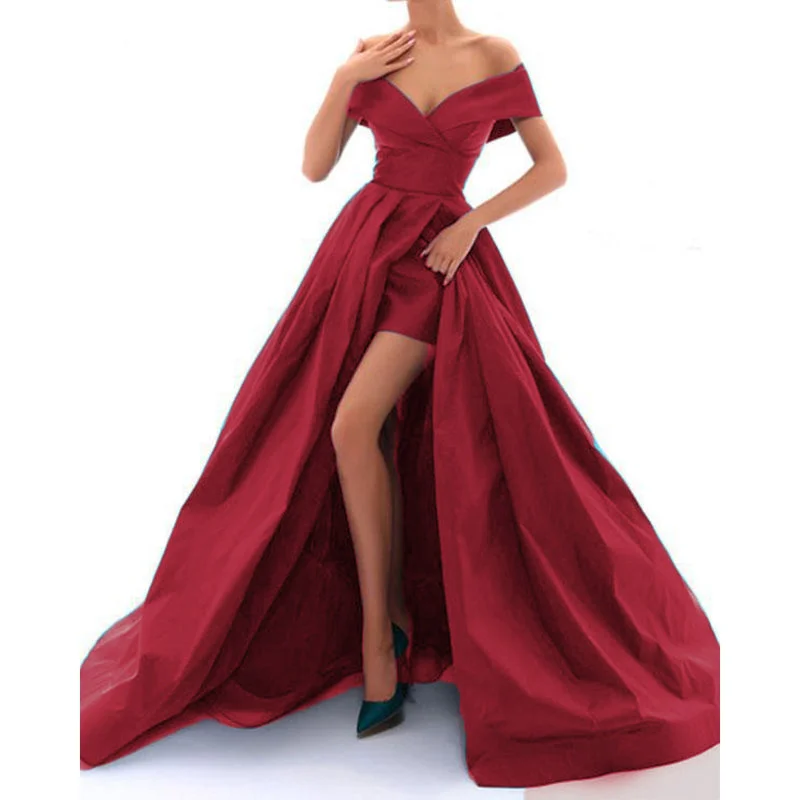 New Satin Off the Shoulder A Line Sexy High Slit Women Ball Dress for Dance Formal Prom Evening Gown for Marine Corps