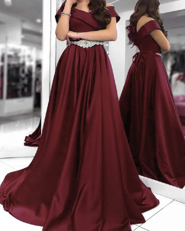 Off the Shoulder Satin A Line Formal Prom Dress with Belt Formal Evening Gown 2022 PL10411