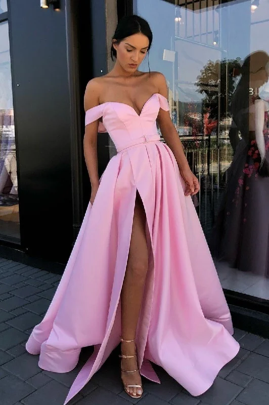 Pink Satin A-Line Prom Dress with Off-Shoulder Design, Sweetheart Neckline, and Side Slit, PD23031514