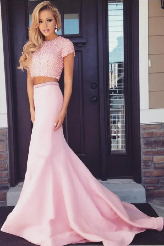 Pink Satin Beaded Two-Piece Prom Dress, PD2303028