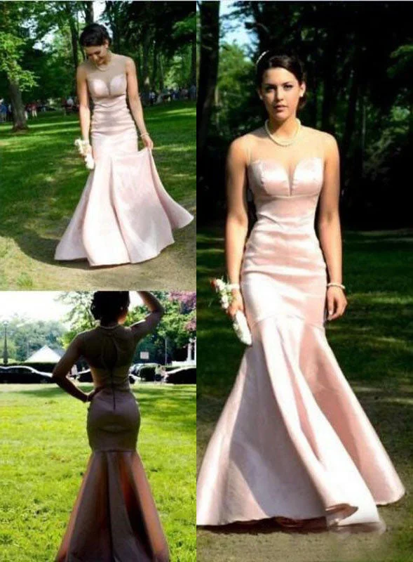 Pink Sheer Neck Mermaid Satin Prom Dresses, PD2310114