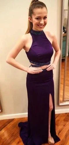 Purple Beaded Sheath 2 Piece Prom Dress with Side Slit, PD2303014