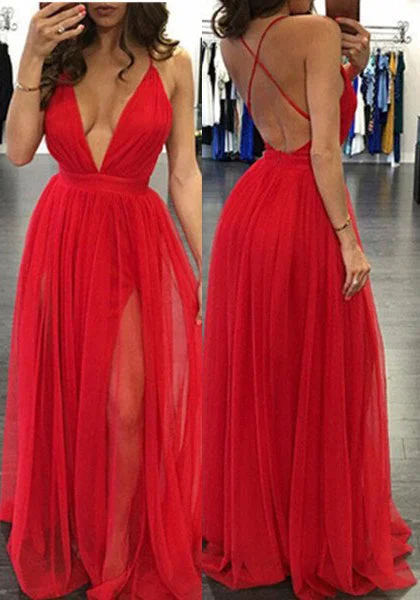 Red A-Line Prom Dress with Sexy Deep V-Neck, PD2310303