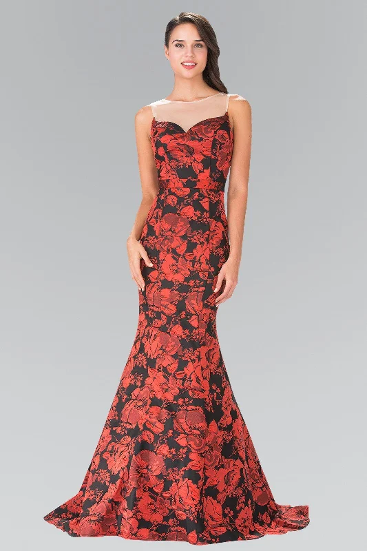 Red/Black Floral Print Dress with Sheer Neckline by Elizabeth K GL2246