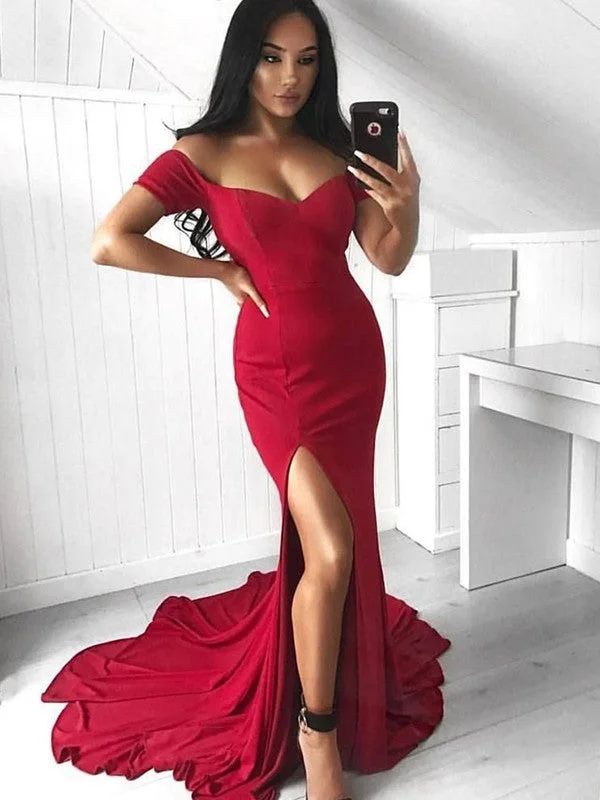 Red Off-the-Shoulder Sweetheart Sheath Prom Dress with Side Slit, PD23050813