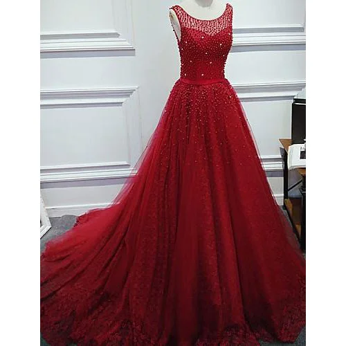 Red Scoop Neck Ball Gown Beaded Prom Dress Formal Gowns New