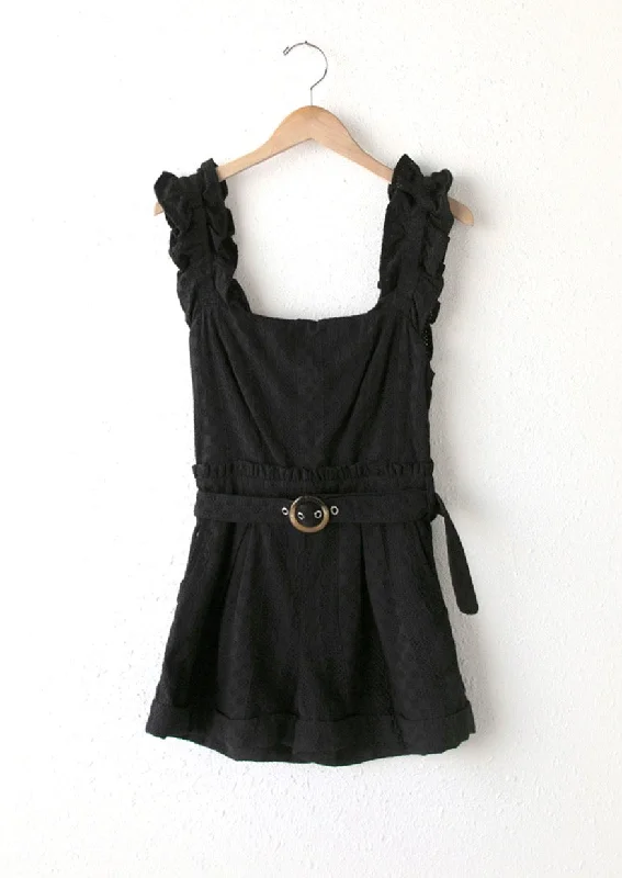 Sandi Embroidered Eyelet Scrunchie Strap Romper- Black