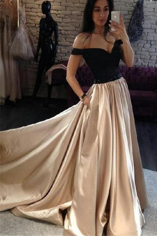 Satin Champagne With Black Off-the-Shoulder A-Line Prom Dress, PD2306058