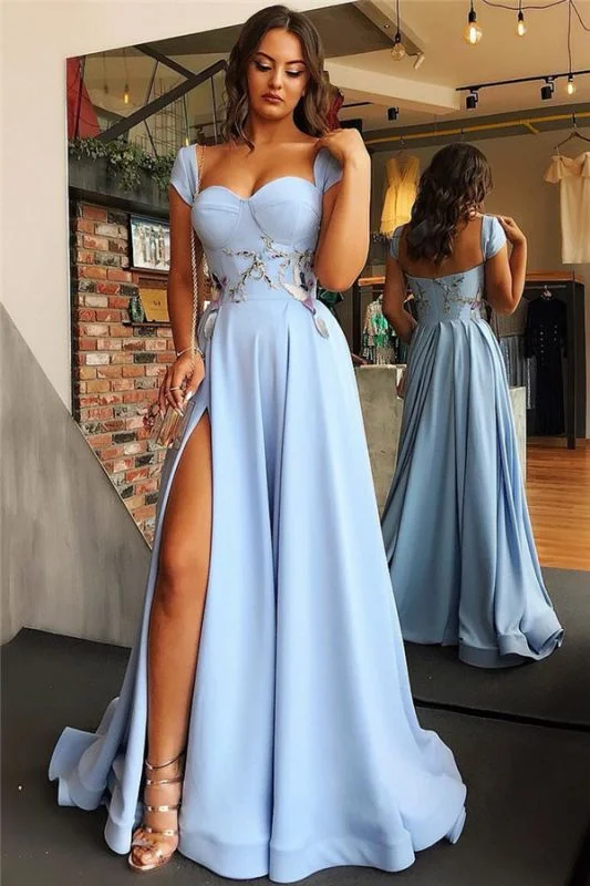 Satin Sweetheart Blue Side Slit Capped Sleeves A-Line Prom Dress, PD2306215