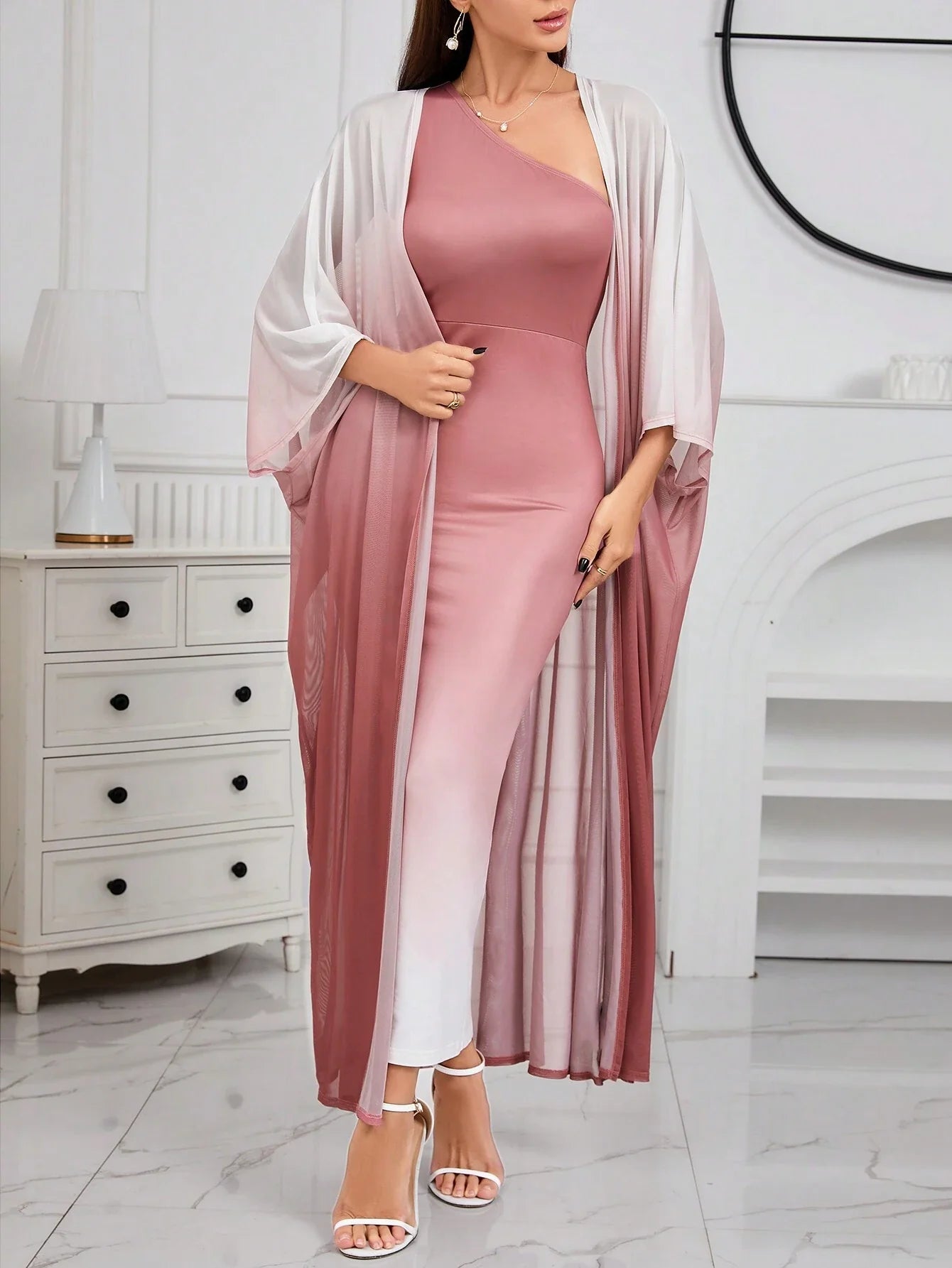 SHEIN Modely Ombre Shoulder Sloping Dress With Coat Evening Dress