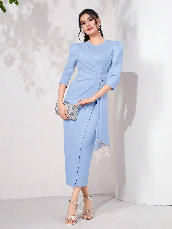 SHEIN Modely Puff Sleeve Draped Side Wrap Hem Dress