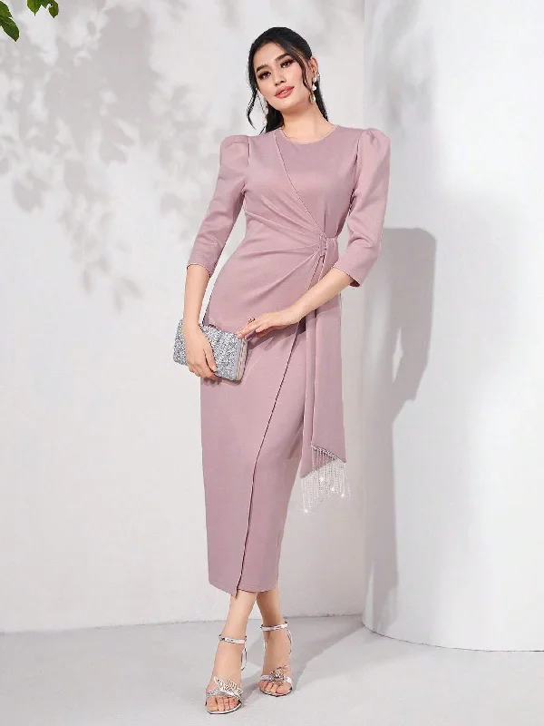 SHEIN Modely Puff Sleeve Draped Side Wrap Hem Dress