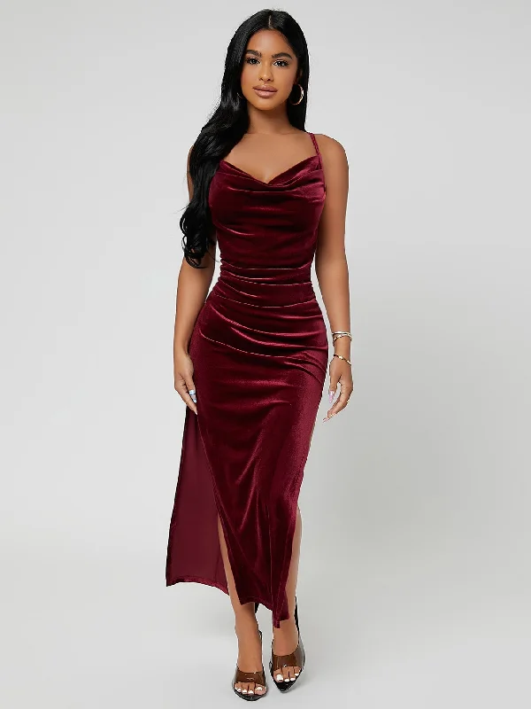 SHEIN SXY Draped Collar Split Thigh Velvet Cami Dress