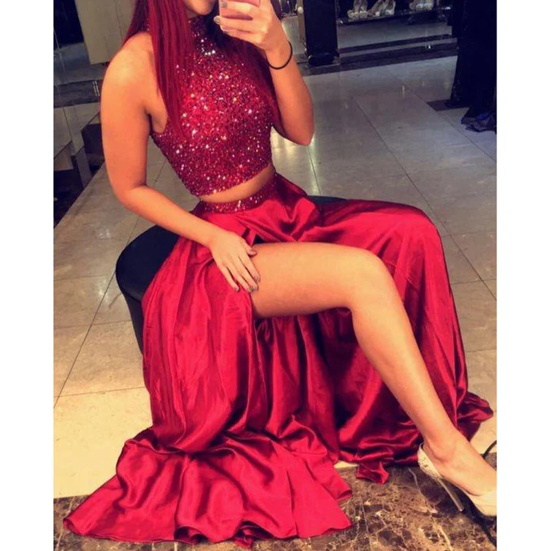 Siaoryne LP0903 High Neck Burgundy Two Pieces Prom Dress Crop Top Evening Formal Gowns