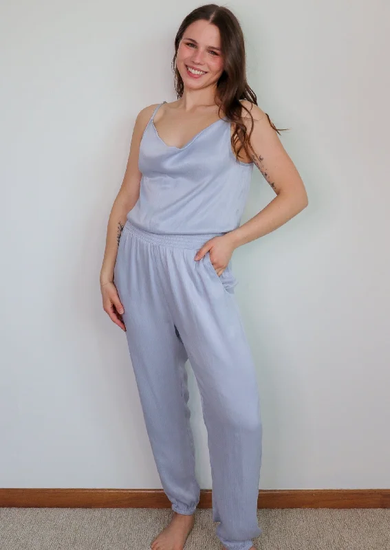 Smocked Waist Jumpsuit-Light Blue/Grey **FINAL SALE**