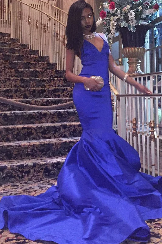 Sophisticated Royal Blue V Neck Backless Criss Cross Satin Mermaid Prom Dress, PD2305187