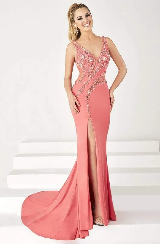 Tiffany Designs - 16195SC V Neck Crepe Slit Gown