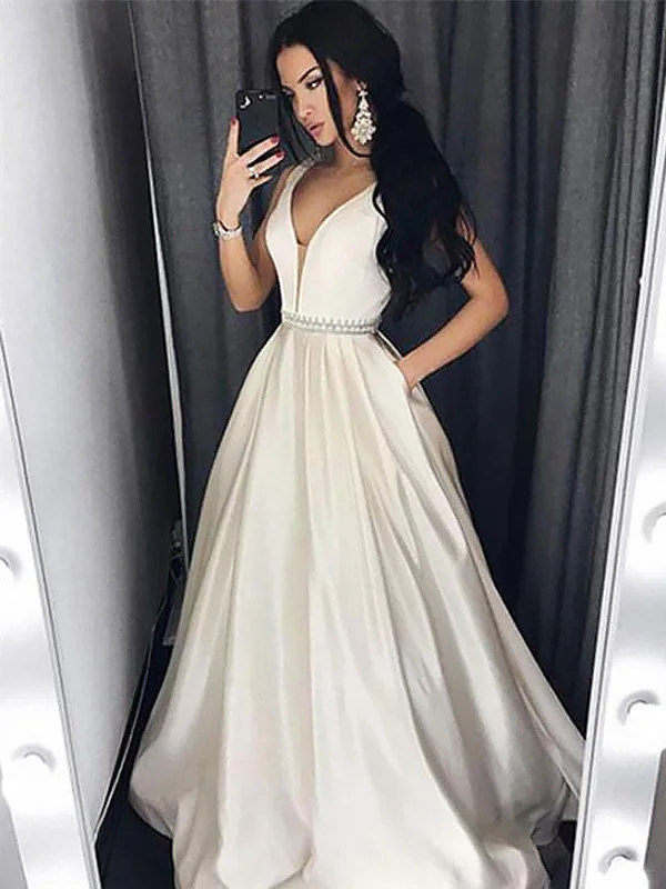 White V-Neck A-Line Satin Beaded Sash Prom Dress, PD2308258