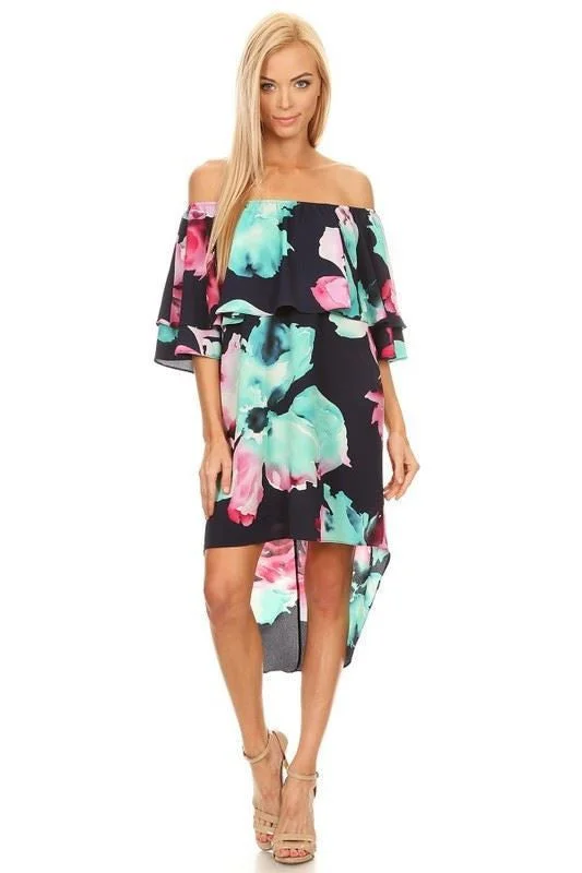 Off Shoulder Hi Low Short Sleeve Resort Dress Floral Navy