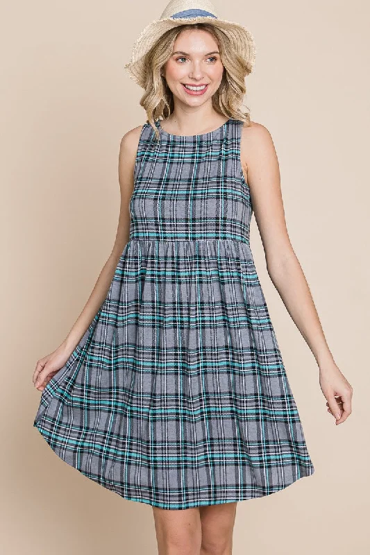 Gray Blue Plaid Sleeveless Tank Dress