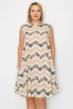 Sleeveless Tank Beige Camo Chevron Print Dress w Pockets