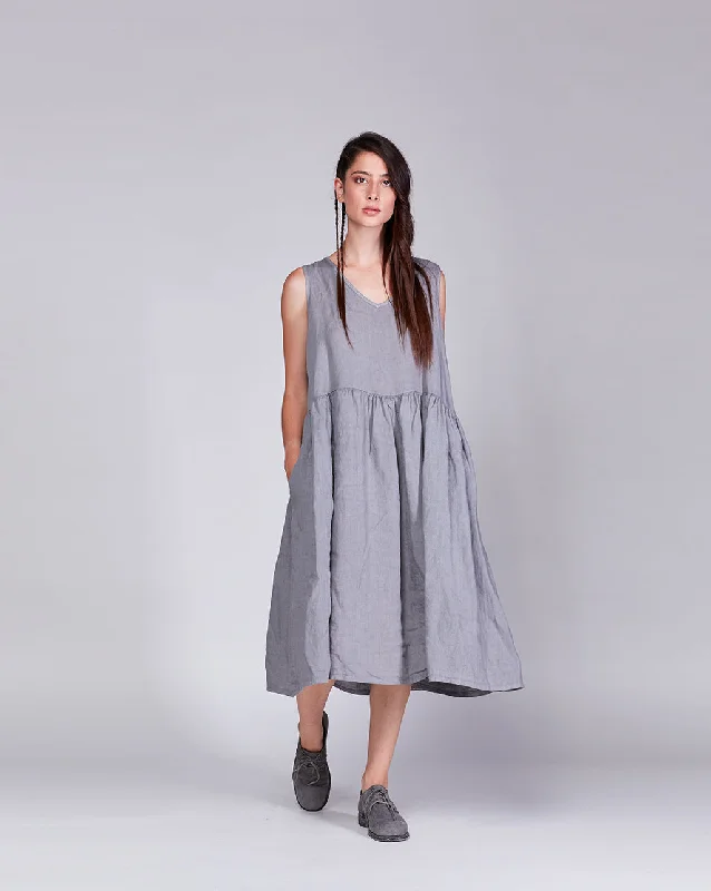 Linen V-Neck Pleated Tank Dress