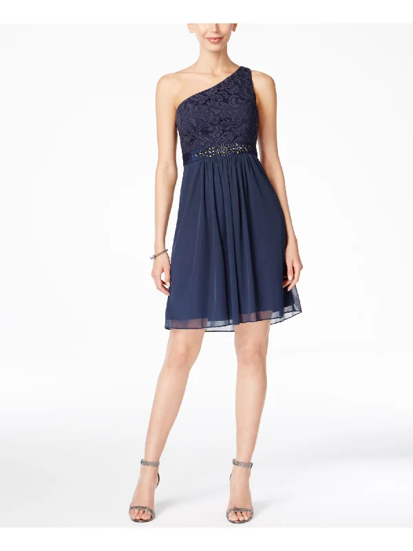 ADRIANNA PAPELL Womens Navy Lace Sleeveless Asymmetrical Neckline Knee Length Cocktail Fit + Flare Dress