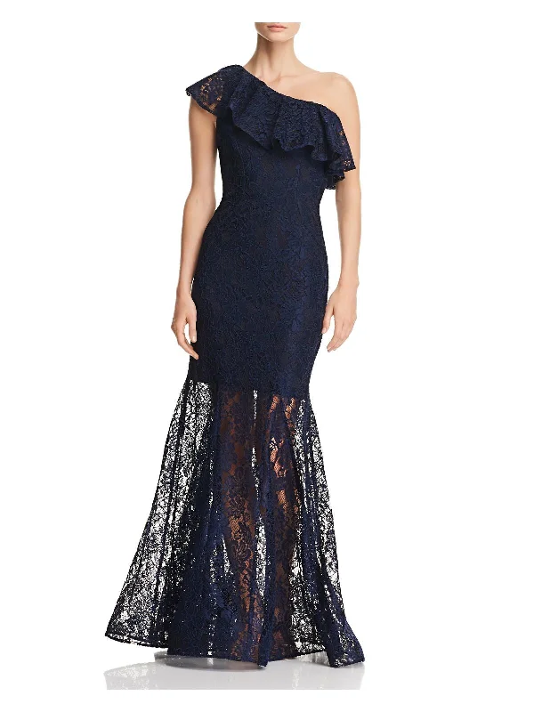 AVERY G Womens Navy One Shoulder Lace Gown Sleeveless Asymmetrical Neckline Full-Length Evening Mermaid Dress