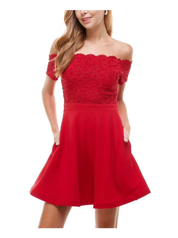 CITY STUDIO Womens Red Glitter Lace Scalloped Lace-up Short Sleeve Off Shoulder Short Party Fit + Flare Dress