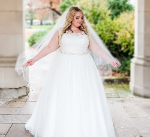 David's Bridal Tulle Plus Size Wedding Dress with Lace Cap Sleeve