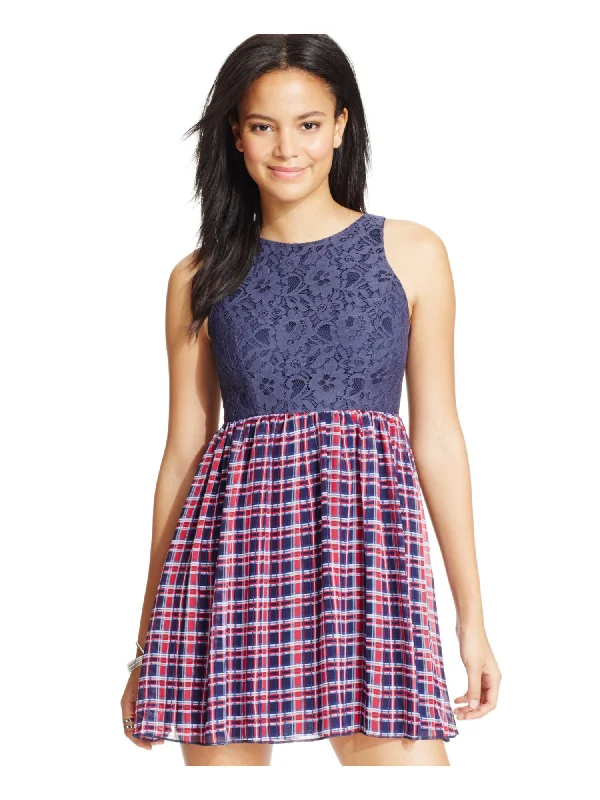 EMERALD SUNDAE Womens Navy Lace Plaid Sleeveless Jewel Neck Above The Knee Fit + Flare Dress