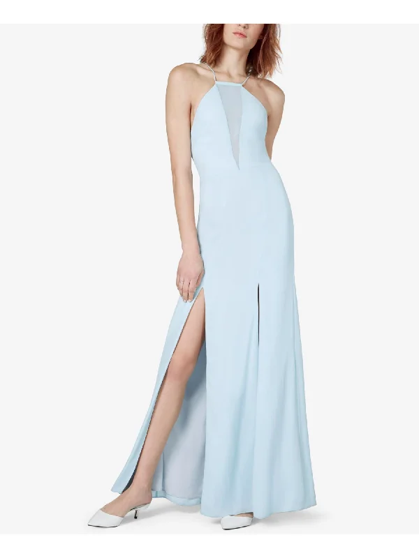 FAME AND PARTNERS Womens Light Blue Slitted Lace-up Back Sleeveless Halter Full-Length Formal Sheath Dress