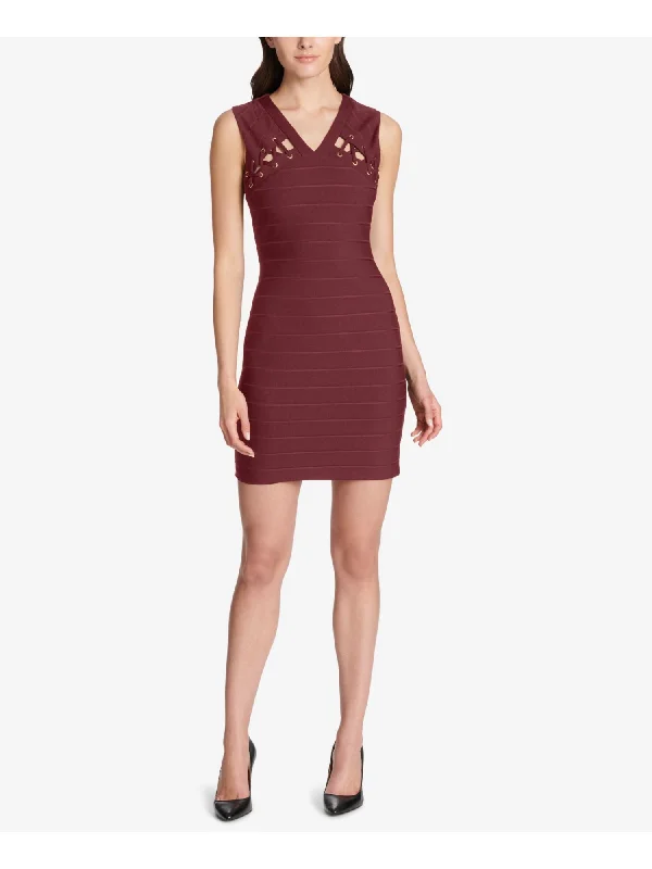 GUESS Womens Burgundy Zippered Textured Lace Up Sleeveless V Neck Knee Length Sheath Dress