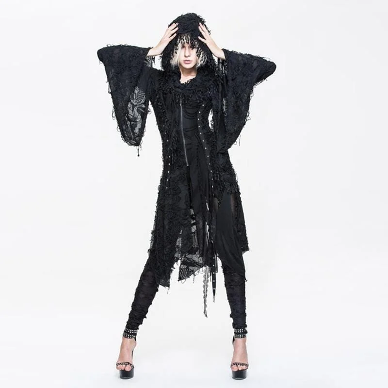 Women's Lace and Trimming Goth Style Mid Length Hooded Dress