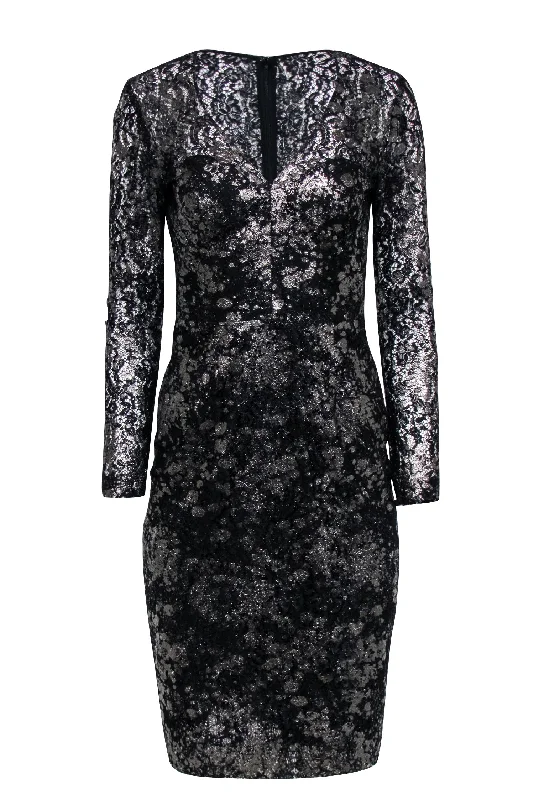 Lela Rose - Black Silver-Dusted Metallic Lace Dress Sz 4