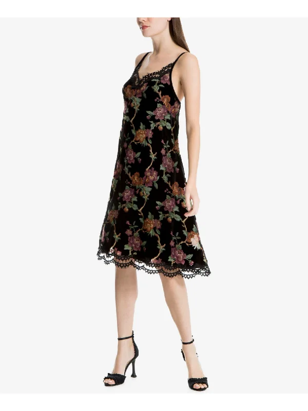 MAX STUDIO Womens Black Lace-trim Slip Floral Spaghetti Strap V Neck Below The Knee Cocktail A-Line Dress