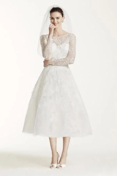 Oleg Cassini Tea Length Lace Tulle Wedding Dress