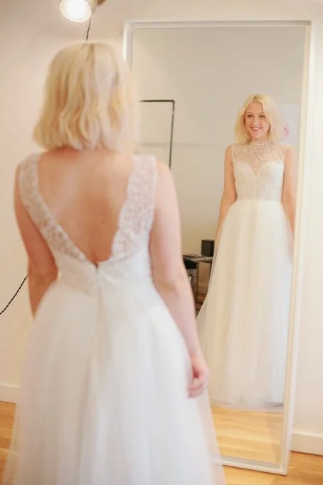 Sarah Seven Stella: Beaded and Lace Illusion Neckline with A l